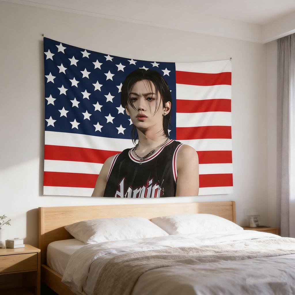 1PC SKZ Felix Black Hair Tapestry Stray Concert Banner Kpop Decor For Garden Camping Events