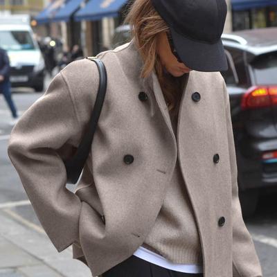 Elegante Grau Frauen Lose Jacke Langarm Stehkragen Mantel Zweireiher Weibliche Winter