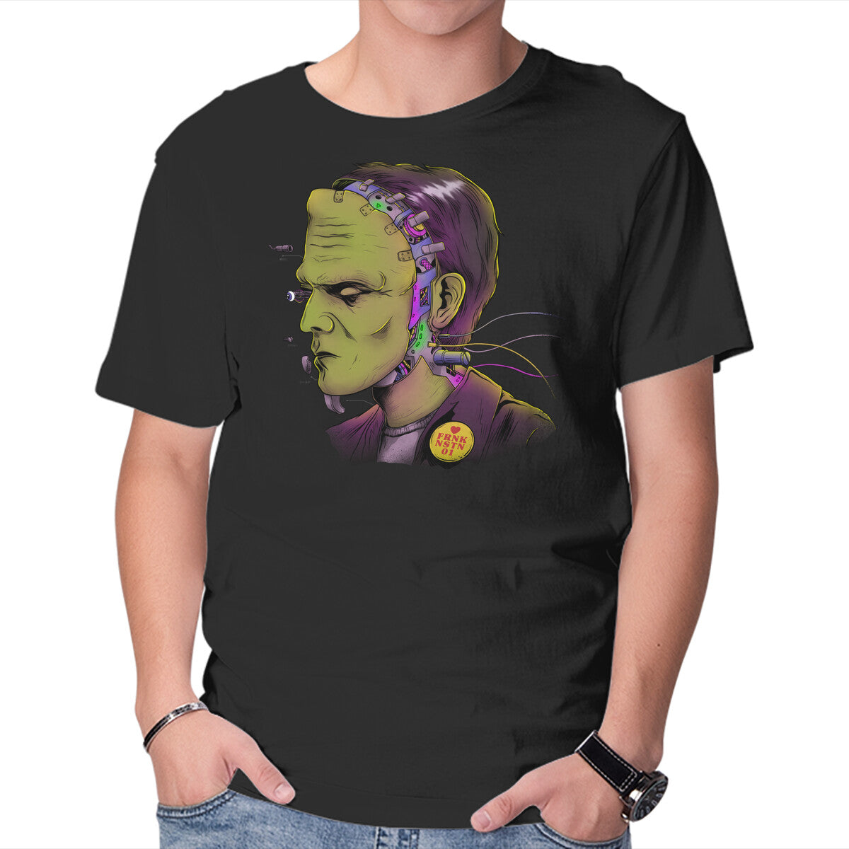 Unisex Crew Neck T-Shirt Cyber Frankenstein Graphic Short Sleeve Casual Tee S
