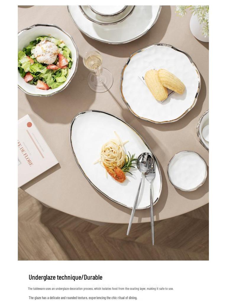 Elegant Hammered Silver Edge Ceramic Bowl & Plate Set - Perfect Housewarming Gift