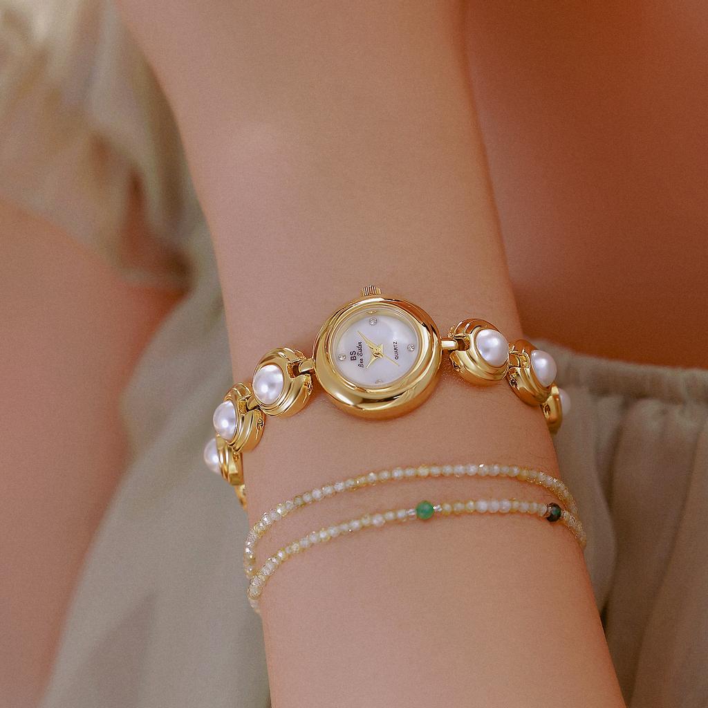 BS Pearl Bracelet Women Watch Quartz Wristwatch Stainless Steel Band Round Ladies Dress Clock Luxury Reloj Mujer Montre Femme