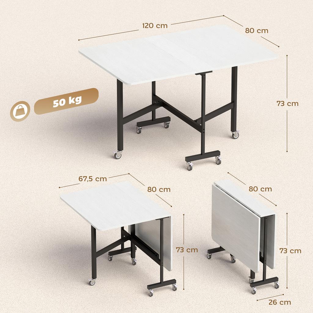 Mobile Folding Table with 6 Casters and Brakes, Foldable Kitchen/dining Table for Small Spaces, White