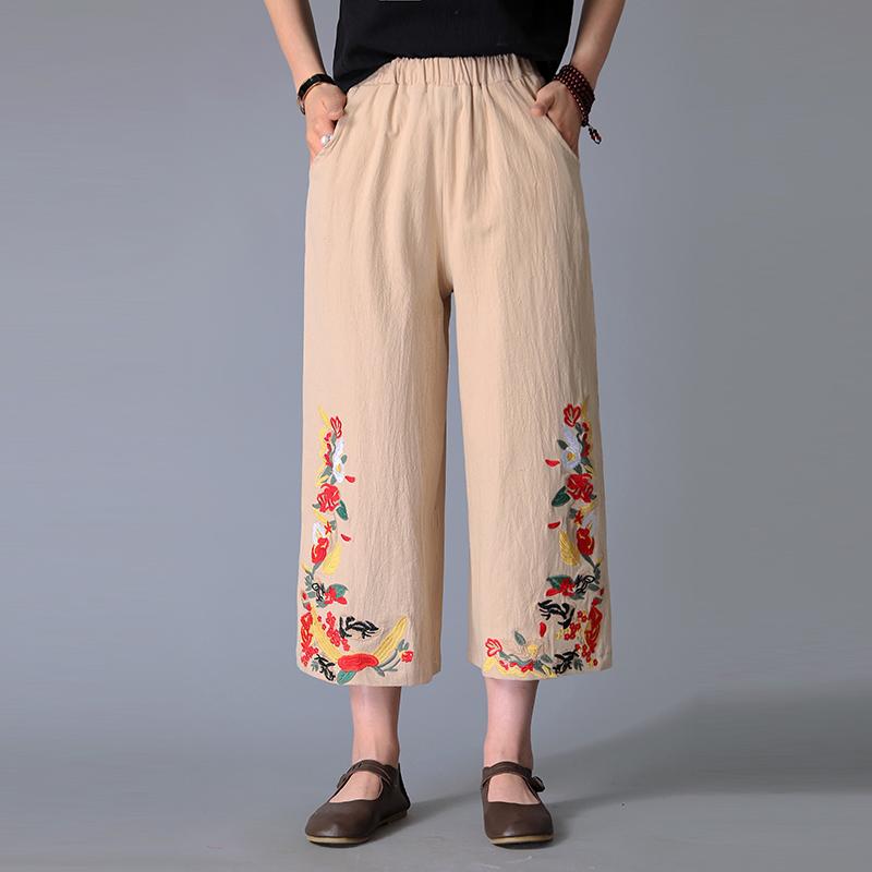 

Брюки с широкими штанинами на резинке, вышитые женские брюки, хлопковые свободные повседневные брюки, вышитые 3XL
