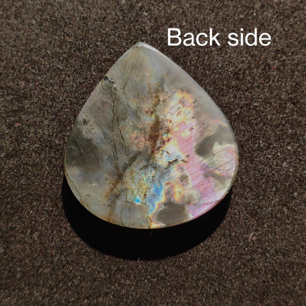 Big Size Pear Purple Fire Natural Black Rainbow Labradorite Cabochon Gemstone, 120.75 Carat, 50x45x6 MM.