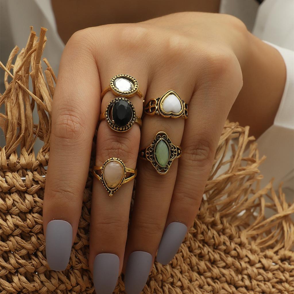 Rings, Vintage Fashion Opal Black Diamond Combination Set 5-Piece Ring Set