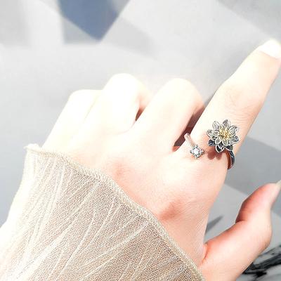 New Bohemian Exquisite Daisy Flowers Round Zircon Rotatable Adjustable Wishbone Copper Rings Women  Fashion Jewelry
