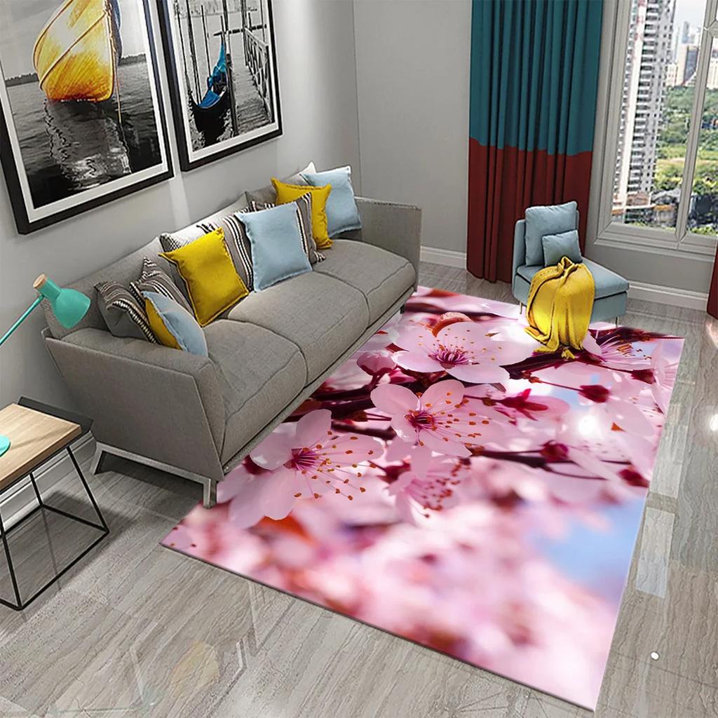 3D Pink Cherry Blossoms Pattern Carpet for Living Room Bedroom Kitchen Area Rug Carpet Home Decor Parlor Floor Mat Anti-Slip Rug