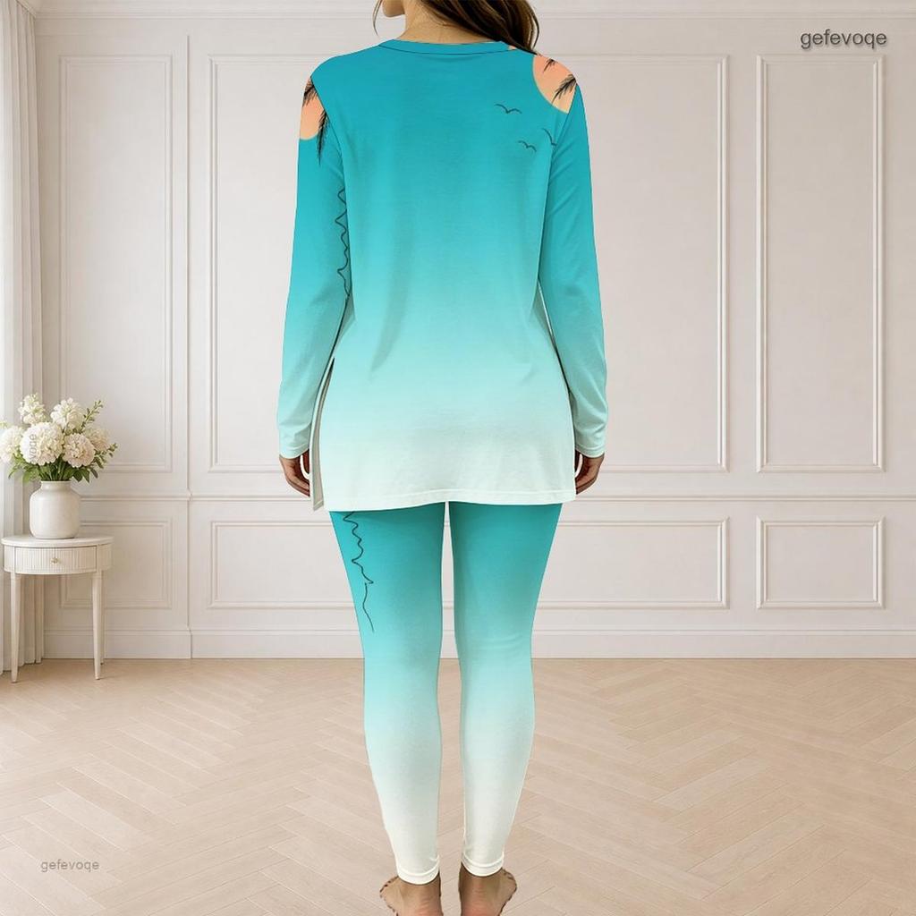 Women Plus Size Half Zip Long Sleeve Green White Printed Two Piece Pants Set