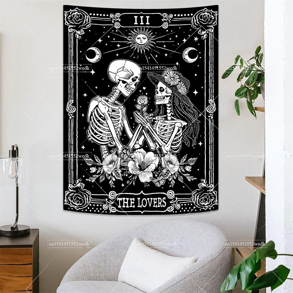 Vintage Der Liebende Wandbehang Wandteppich Skelett Blumen Tarotkarte Wandteppich Astrologie Ästhetik Zimmer Dekorative Party Hintergründe