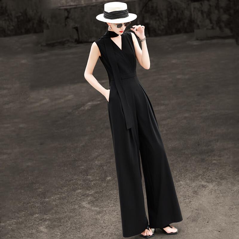 Lanser 2026 Summer Elegant V-Neck Wide-Leg Jumpsuit XL чёрный