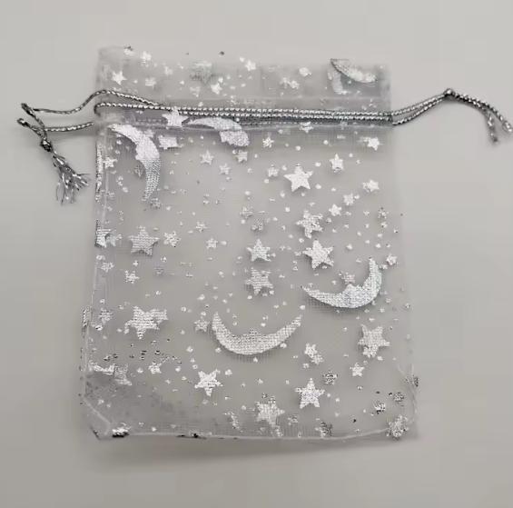 Organza Drawstring Gift Bags Star and Moon Gold Print Mesh Pouches for Jewelry Candy Favors