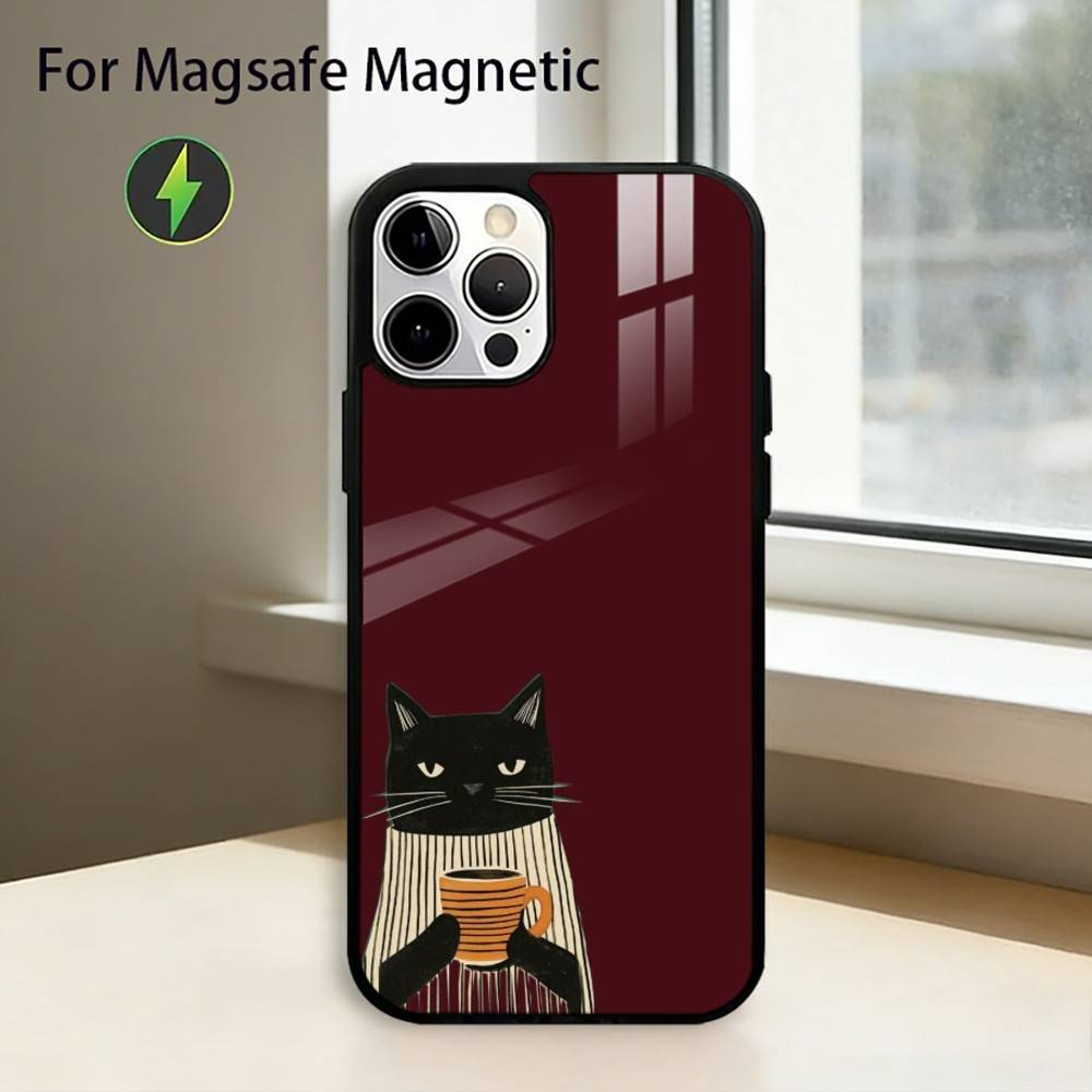 

The Lazy Cat with Coffee Phone Case For iPhone17,16,15,14,13,12,11 Plus,Pro Magnetic with Magsafe Wireless Charging iPhone16
