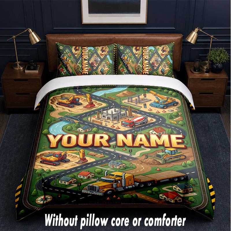 Construction Vehicles Theme Custom Text Or Name 3Pcs Bedding Set,1 Flat Sheet & 2 Pillowcases Personalized Home Bedding