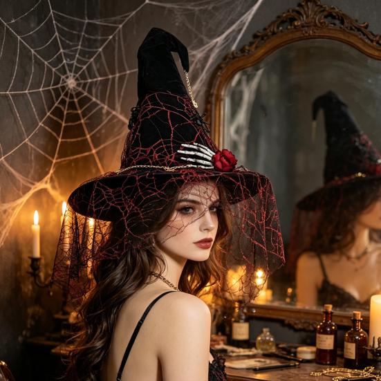 Creative Halloween Props Punk Skeleton Hand Witch Hat with Spider And Veil, Black Large Reusable Holiday Ornaments Wizard Costume Accessory