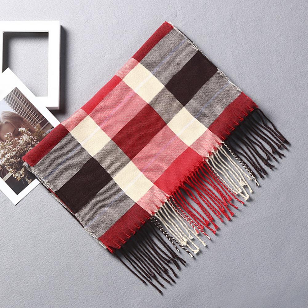 Men Scarf Plaid Pattern Tassel Trim Long Style Wrap Imitation Cashmere Thermal Insulation Scarf Daily Wear