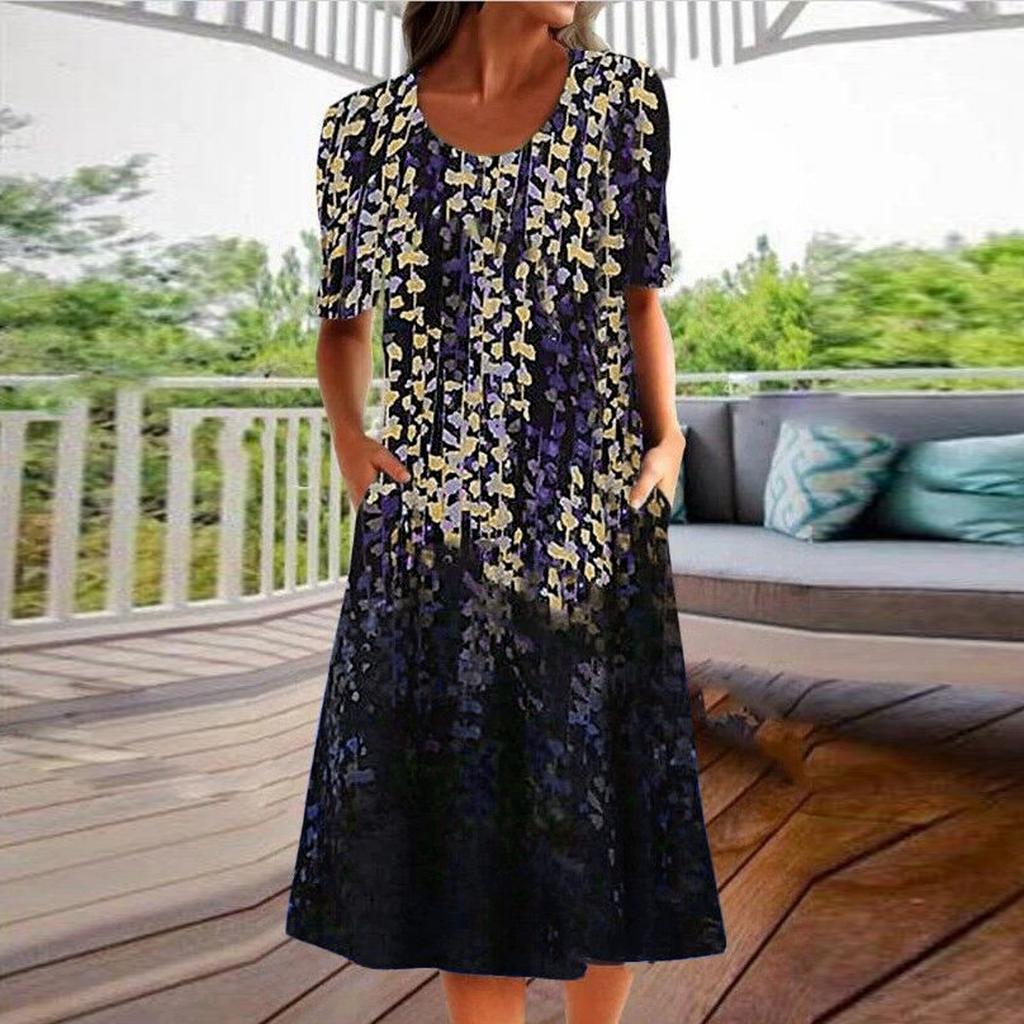 Women's Retro Printed Skirt Short Sleeve Skirt Round Neck Dress Summer Dress