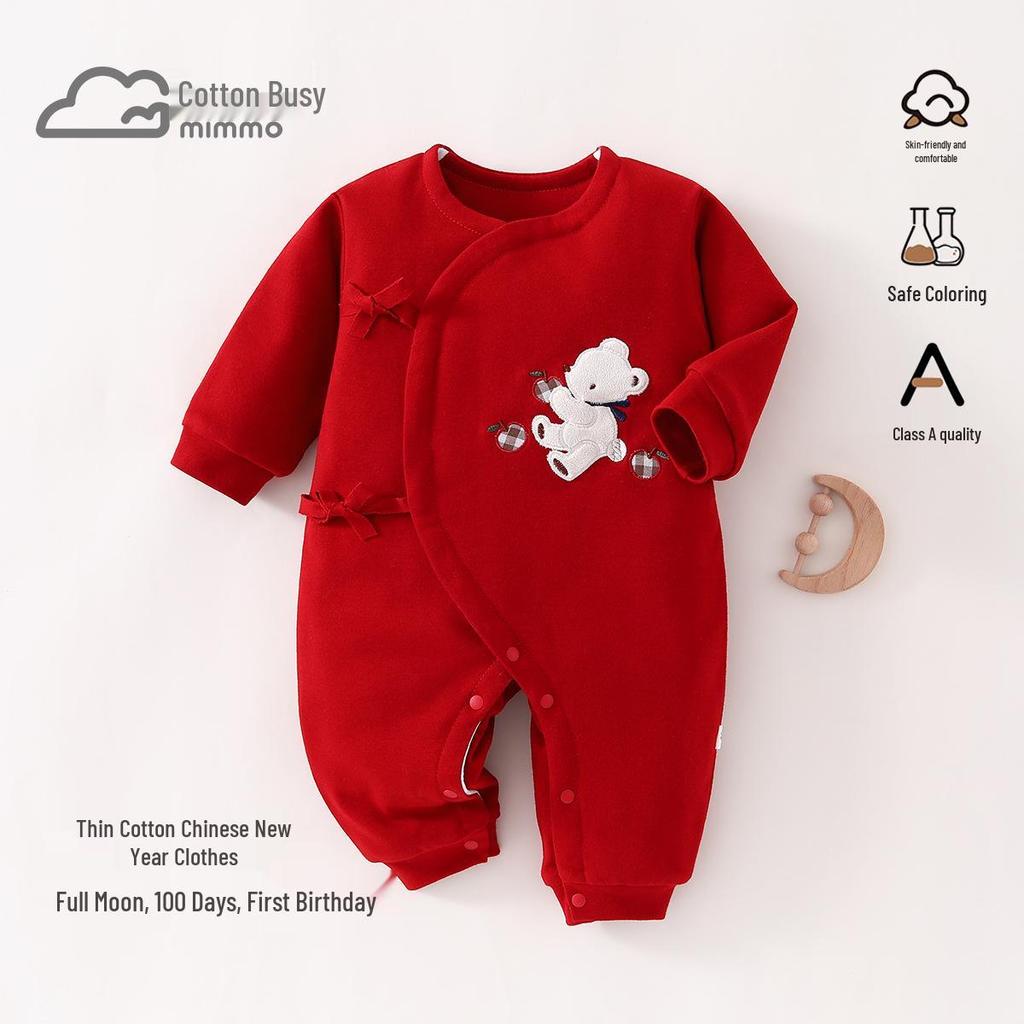 Newborn Red Cotton Jumpsuit with Asymmetrical Collar - Festive Baby Romper for New Year