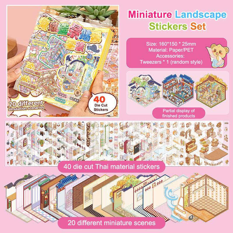 1Set Scenes Cartoon Landscape Sticker Book Diy 3D Stickers Cabin Scene Pocket Stickers Miniature Scene Stickers Birthday Gifts