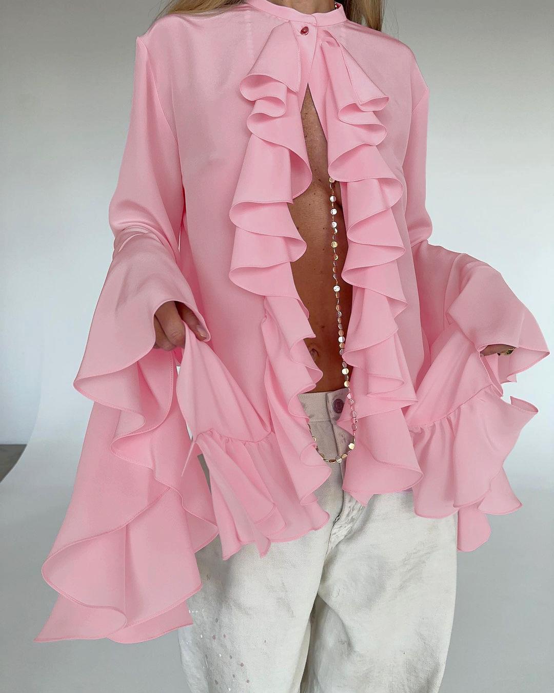 

Біла шифонова жіноча сорочка з оборками, рукавами-кльошами та круглим вирізом 2024, європейська та американська весна та літо, нова жіноча мода XL