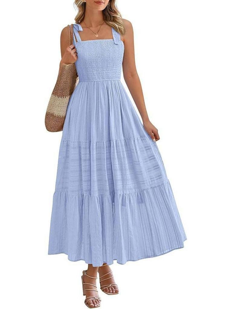 2026 European Summer Beach Pleated A-line Strappy Dress with Pockets