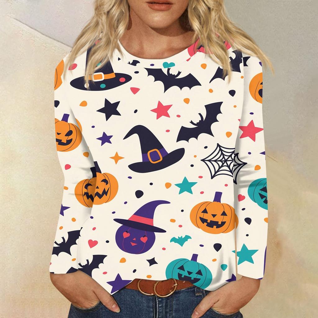 Dames casual top met lange mouwen en Halloweenprint, ronde hals