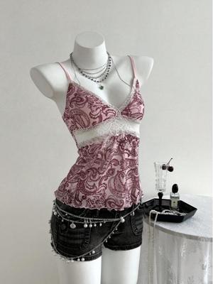 Top de tirantes bodycon de encaje con escote en V estilo francés Y2K para mujer