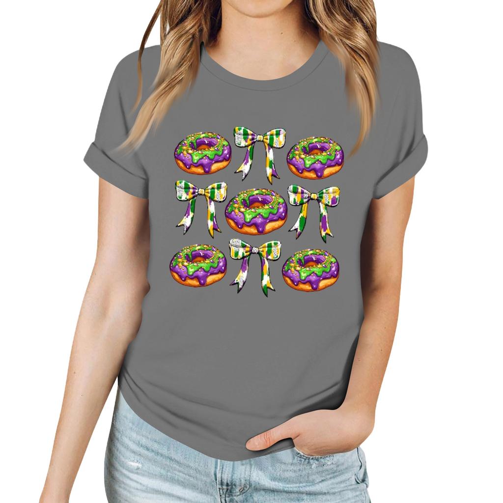 Women's Casual Carnival Print T-Shirt Round Neck Pullover Short Sleeve Top