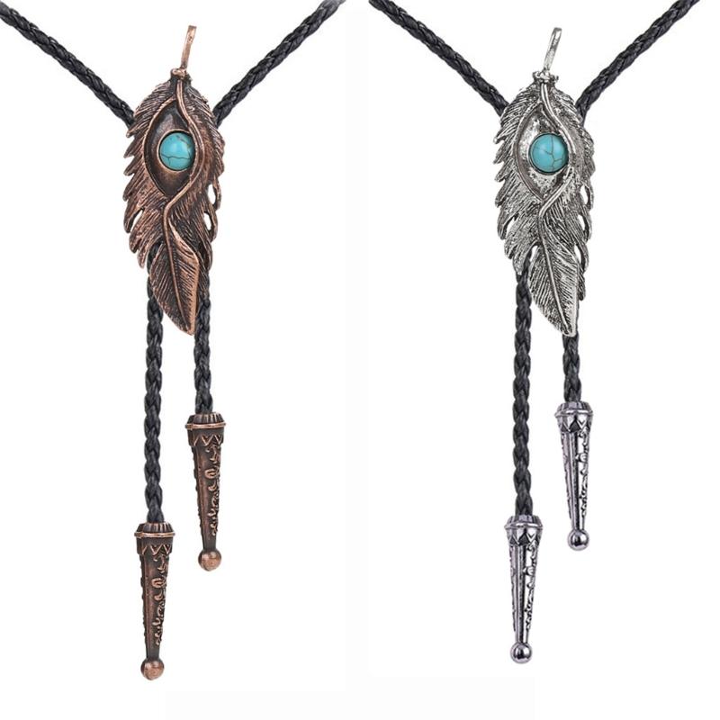 Metal Turquoise Bolo Tie Wing Pattern Feather Necktie for Shirt Jeans Western Necklace Braided Shoestring Necktie Bola-T