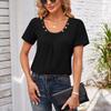 Women's Square-neck Top Pleated Solid Color Loose Button T-shirt