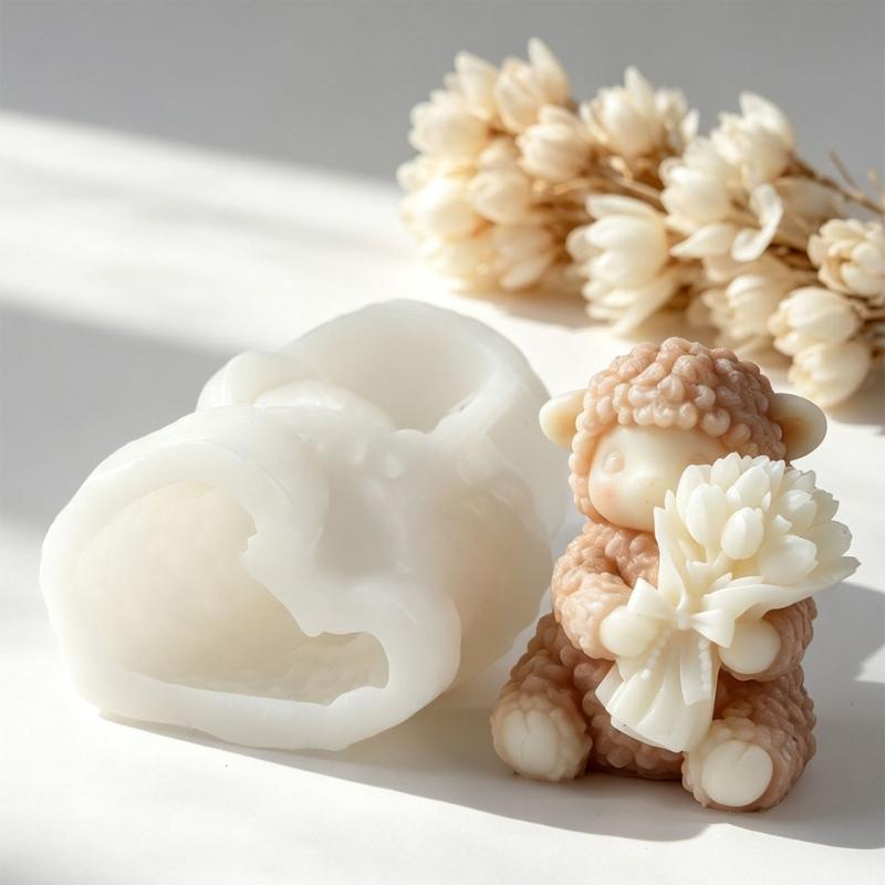 Flexible Sheep Craft Form for Candle Making, Featuring a Flower-Carrying Animal with Clear Wool and Flower Texture for Decorative Casting Projects