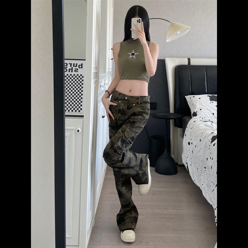 Women's Retro Camouflage Multi-Pocket Wide-Leg Work Pants