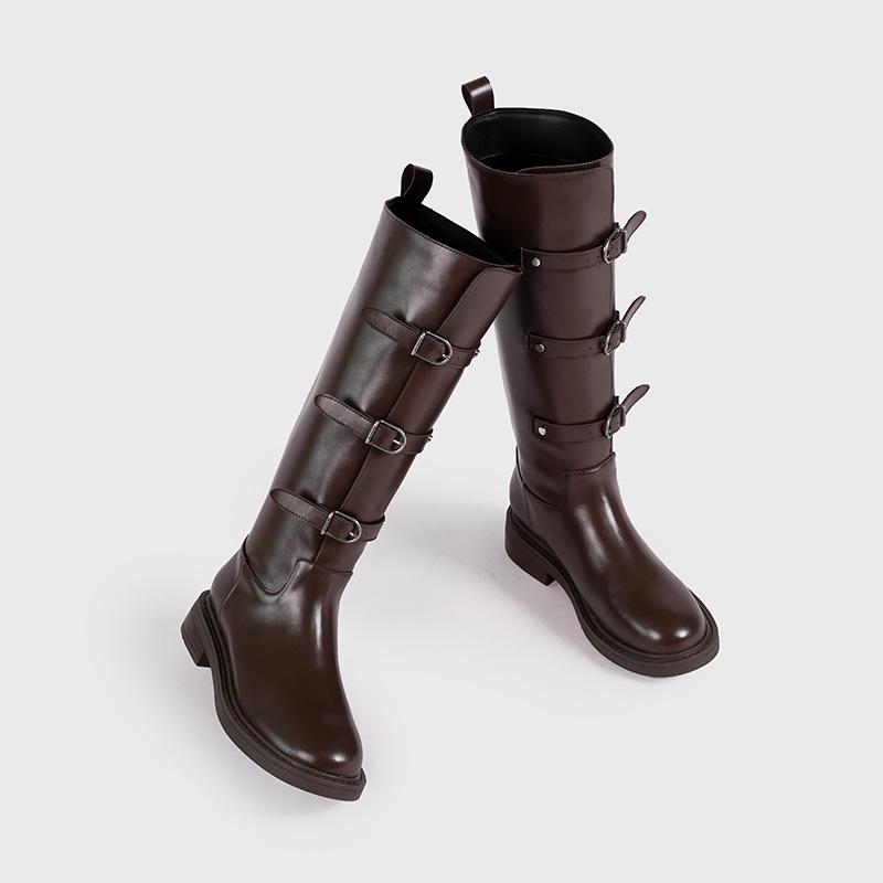 Meng Ziyi's same black and gray spliced knight boots for women's 2025 autumn and winter new belt buckle high boots long boots fashion boots