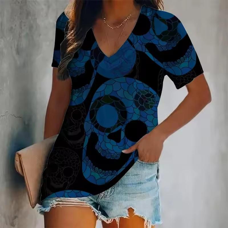 Women's Short-Sleeved T-Shirt V-Neck 3d Printed Skull Pattern Oversized Women's Top Y2K Style Summer Casual T-Shirt