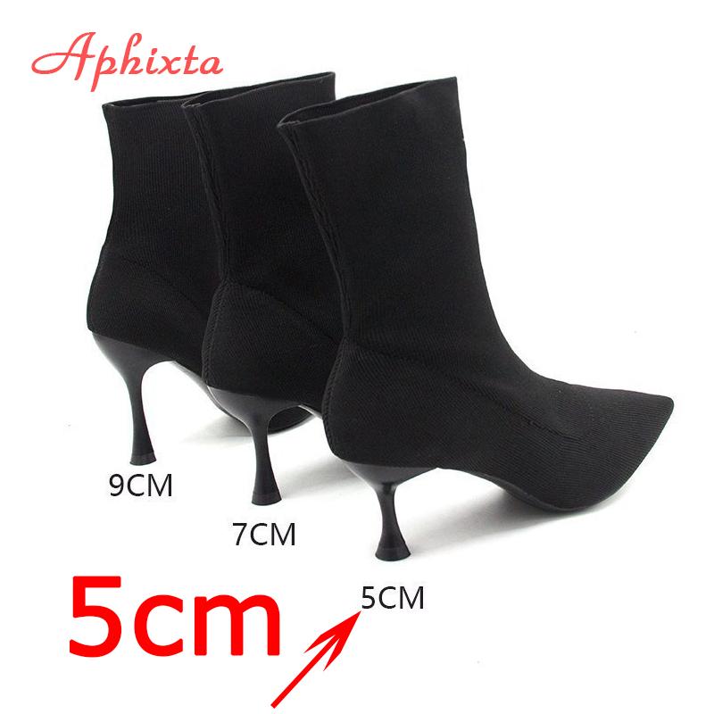 Fashion Aphixta 9cm 7cm 5cm Stretch Fabric Socks Boots Women Black Shoes Elegant Pointed Toe Knitting Elastic Ankle Boots for Women