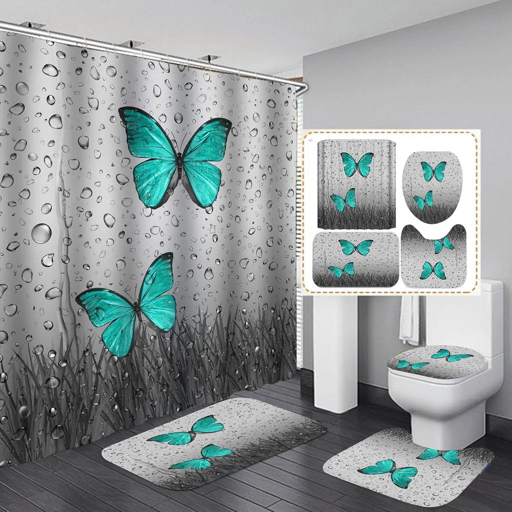 Big Butterfly Beautiful Polyester Shower Curtain Set Bathroom Set Waterproof Curtains Bath Mat Set Toilet Lid Cover 4 Pcs Decor