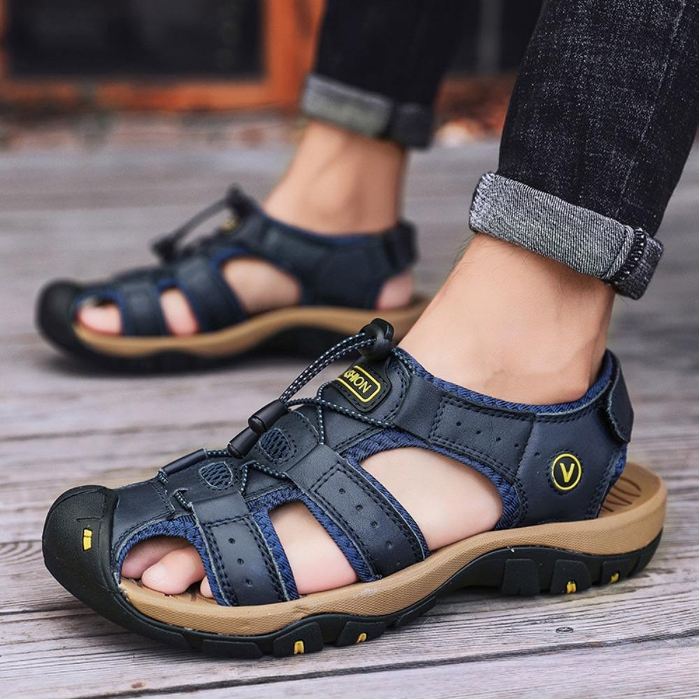 Mens Big Size Sandals Leisure Leather Slip Resistant Outdoor Beach Shoes