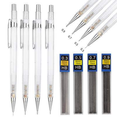 Transparent Mechanical Pencil Set 0.3, 0.5, 0.7 0.9mm with HB Lead Refills for Sketching Art Drawing Painting Automatic Pencils