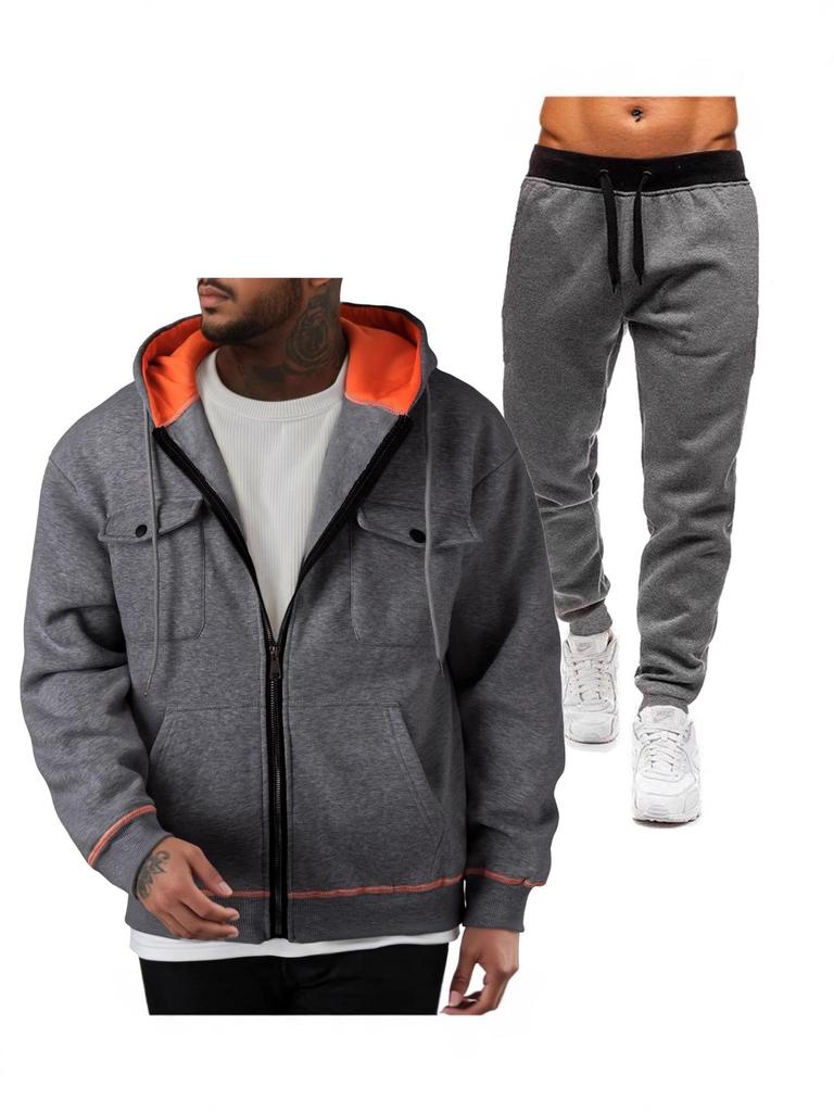 Men's European Size 220g Zip-Up Hoodie and Sweatshirt with Double Pockets - Sporty Casual Set