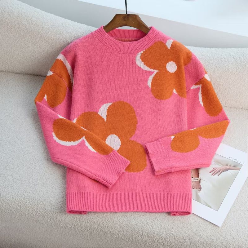 

Fashion Wind Fashion Temperament Crew Neck Long Sleeves Knitted Sweater Top Knitted Jacquard Sweater Pink M