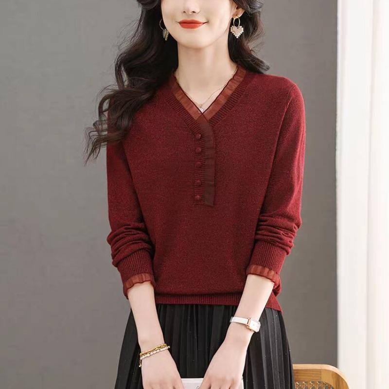 

Осень Зима Кружевная Вставка Однотонный Вязаный Пуловер Топ Женский Повседневный Модный V-образный Вырез Базовый Свитер 2XL красный