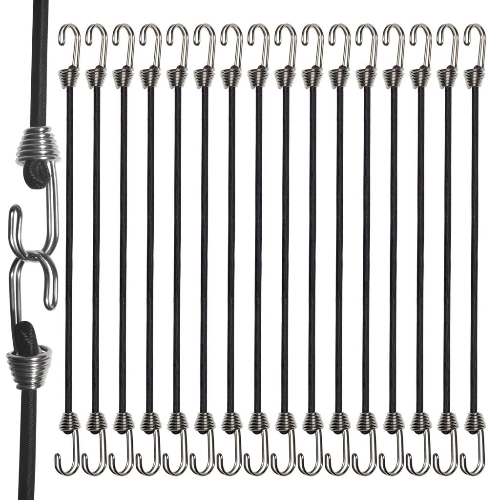 Mini Elastic Bungee Cords with Double Hooks - 10 Inch Black Latex Polypropylene Stretch Rope Set of 16 for Outdoor Camping Tents Truck Tie Down