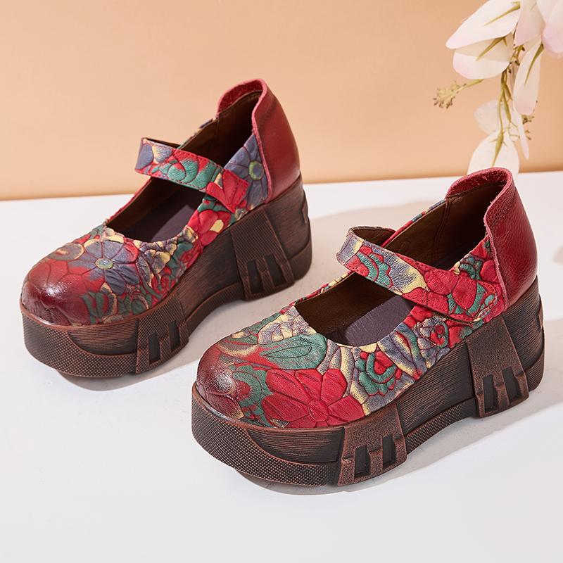 Fashion GKTINOO Handmade Retro Style Women Platform Shoes Spring Summer Genuine Leather Wedges Heel Pumps Casual Shoes