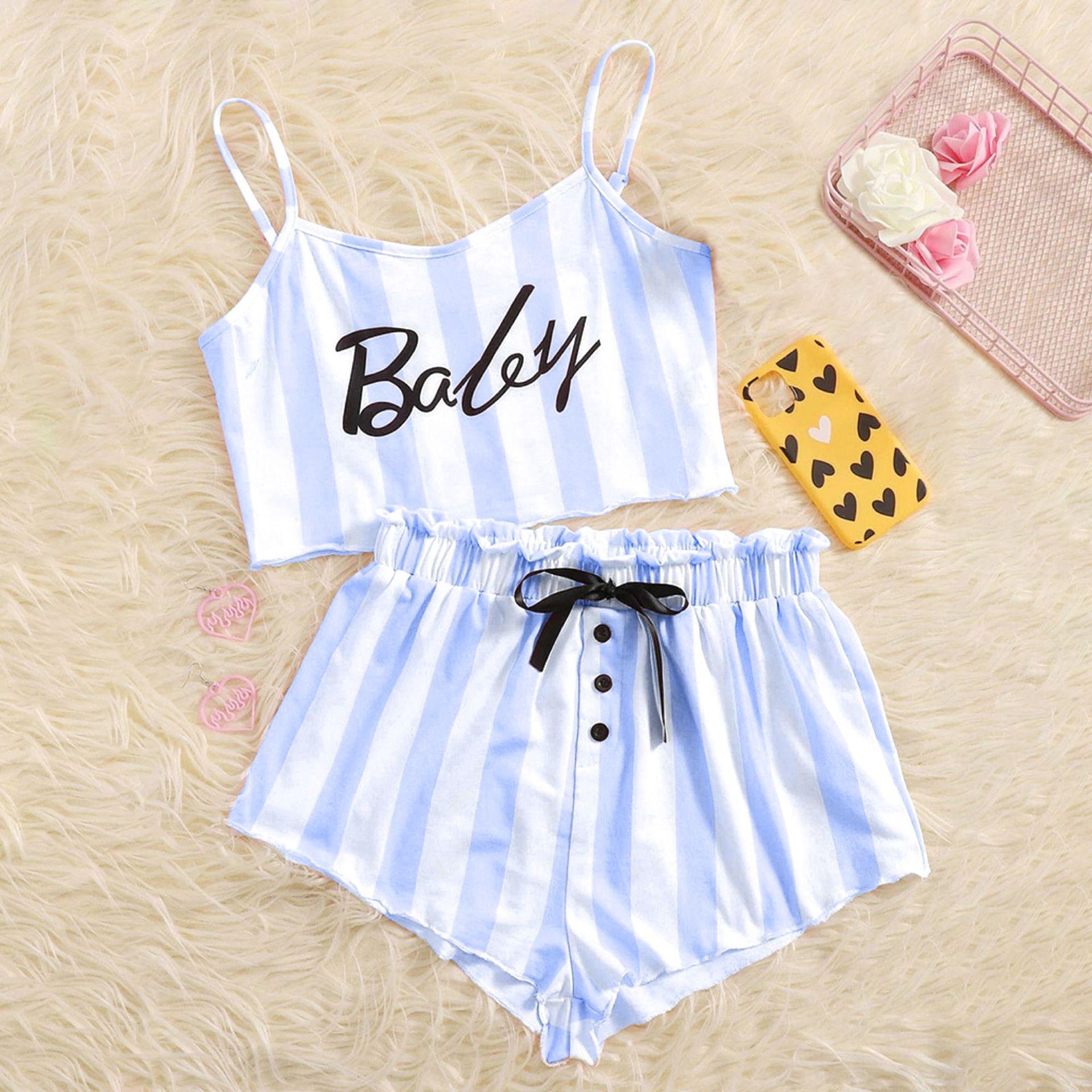 

2026 Summer Pink Stripe Letter Pajamas Set Women Homewear Sexy Slim Bow Sling Crop Tops and Shorts 2 Pieces Suit Short Sleepwear XXL