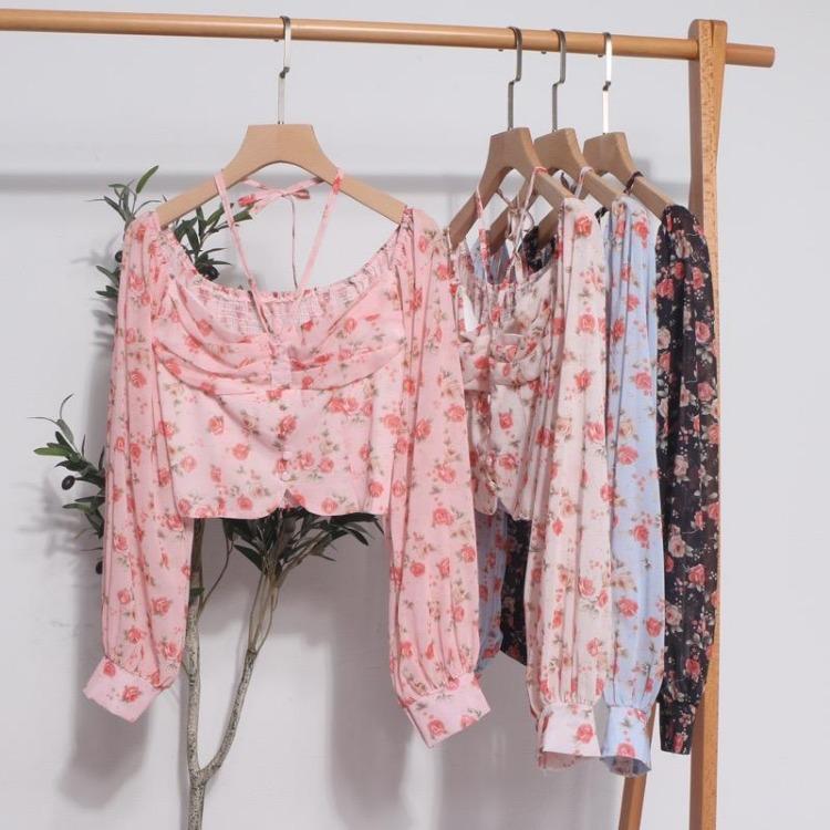 French Elegant Bohemian Floral Blouse Women Sweet Spring Casual Vacation Ruched Elastic Slim Tops Print Shirts