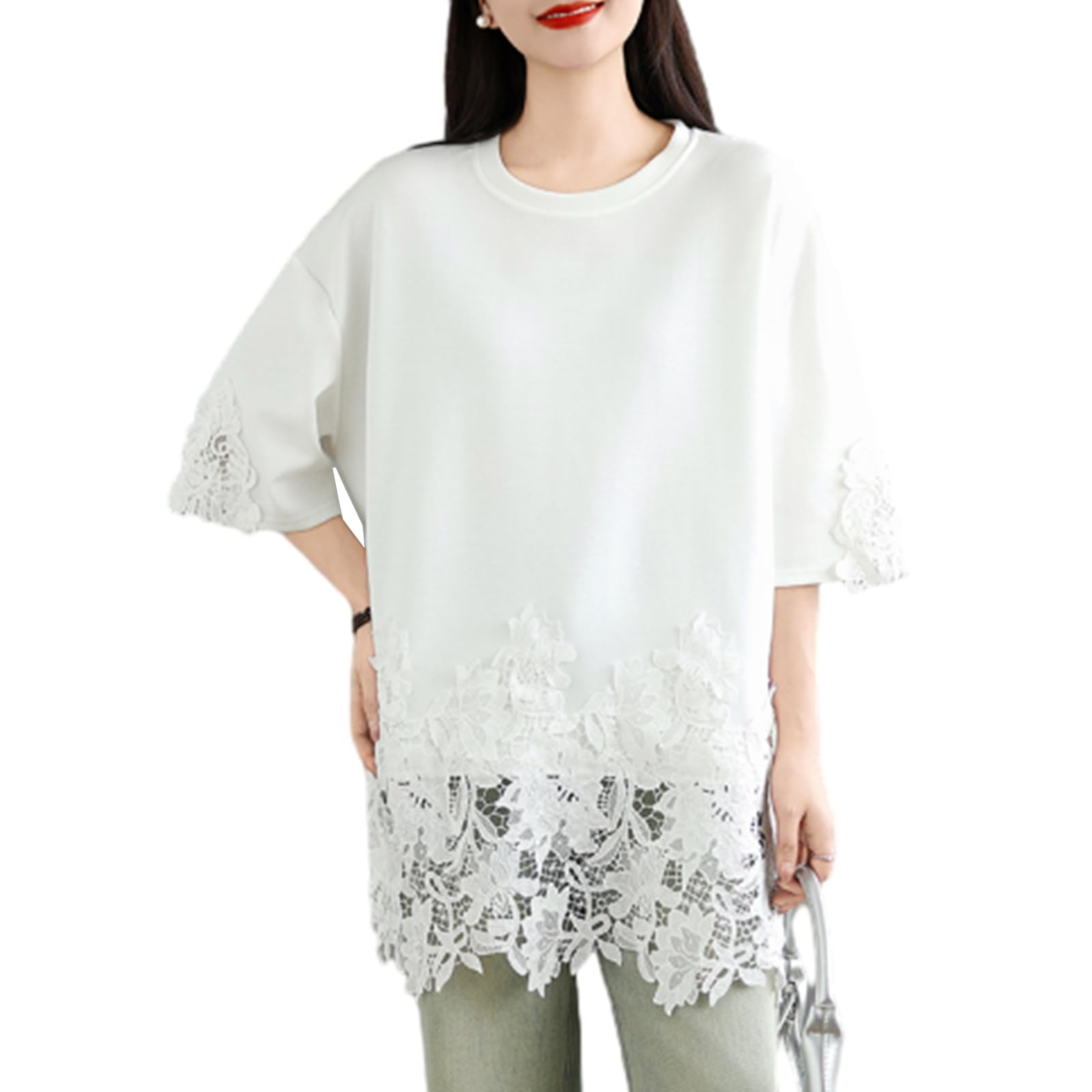 

JoccKorr Short Round Plus Loose Perfect for Summer Women s T-Shirt, Blouse, Sleeve, Collar, Openwork, Lace, Floral, Embroidered, Solid, Patchwork, белый