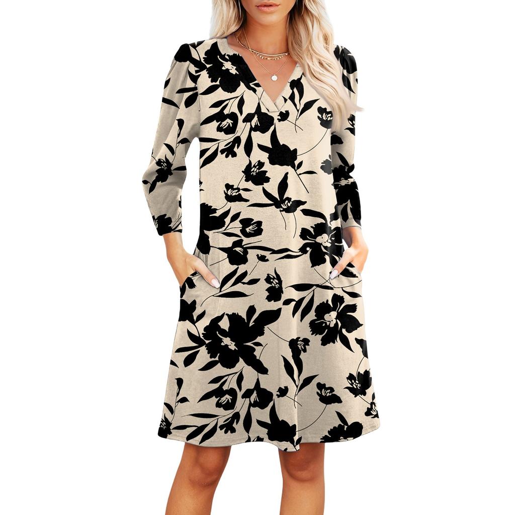Women's Fashion V-neck Casual Beach Dress Three-quarter Sleeves Floral Print Dress
