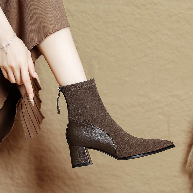 Pointed Short Boots Women's Thick Heel 2025 New Autumn and Winter Soft Leather High Heel Thin Boots Medium Boots French Small Short Boots