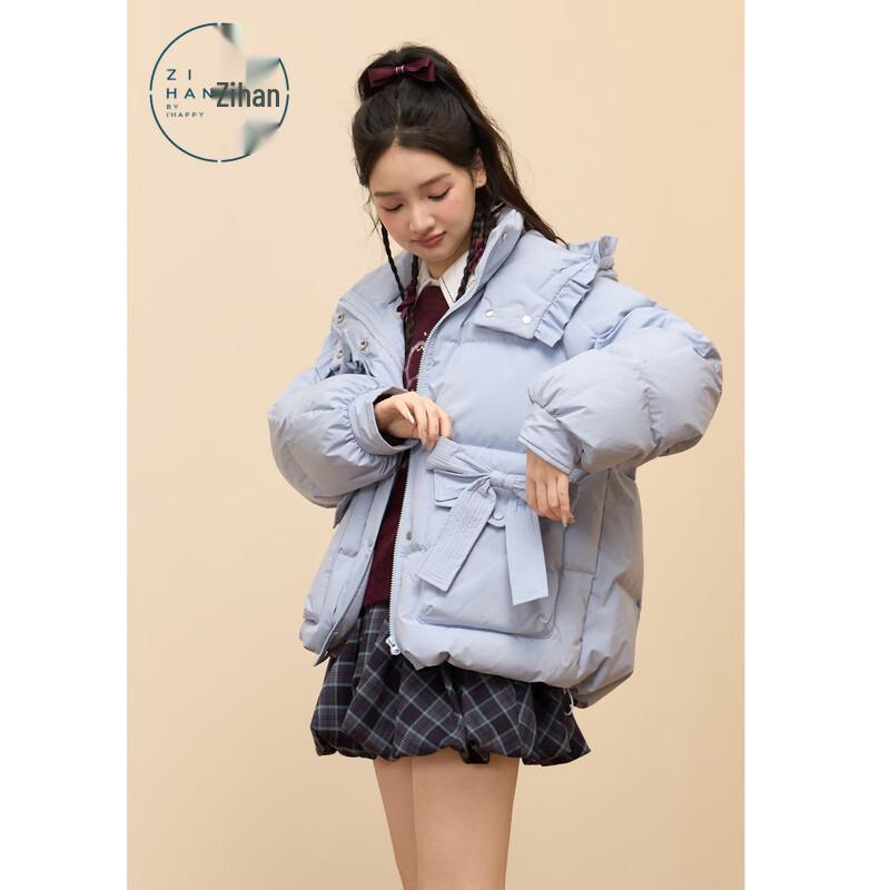 ZIHAN Women's Sweet Bow Stand-Collar Hooded Short Down Jacket
