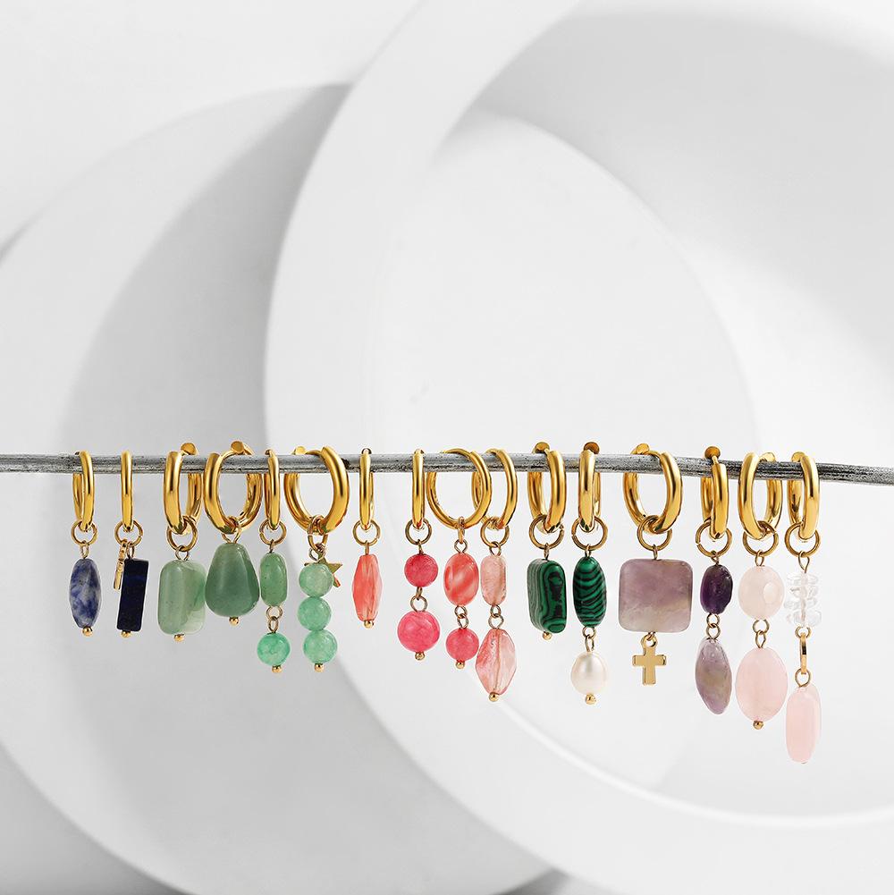 Asymmetrical geometric colored natural stone earrings, earrings, new Chinese earrings, ethnic style ear jewelry