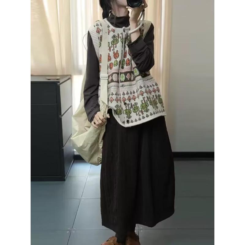 DIMANAF 2025 Automne Femmes Sans Manches Imprimé Boutons Gilet Pulls Style Tricot Décontracté Ample Pull